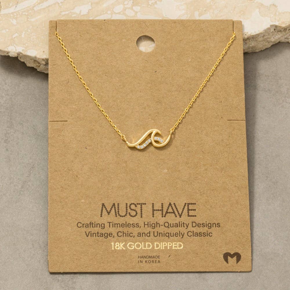 Gold Dipped Cz Pave Wave Pendant Necklace