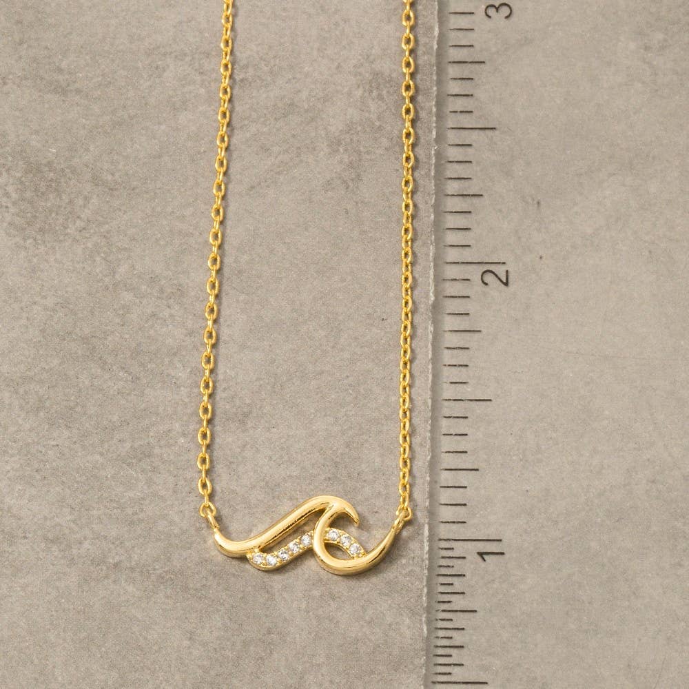 Gold Dipped Cz Pave Wave Pendant Necklace