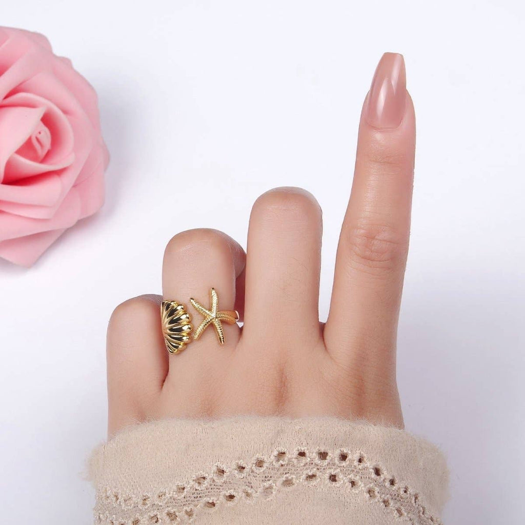 14K Gold Filled Ocean Starfish Clam Sea Shell Open Wrap Ring in Gold & Silver | O333