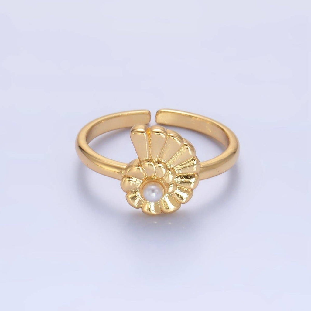 24K Gold Filled Clam Shell Pearl Adjustable Ring in Gold & Silver | U421