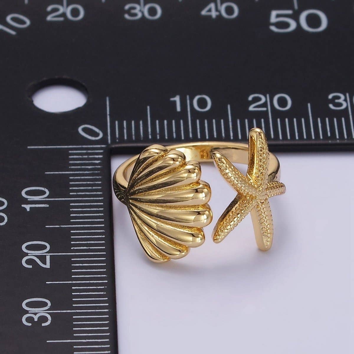 14K Gold Filled Ocean Starfish Clam Sea Shell Open Wrap Ring in Gold & Silver | O333