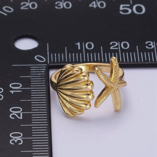 14K Gold Filled Ocean Starfish Clam Sea Shell Open Wrap Ring in Gold & Silver | O333