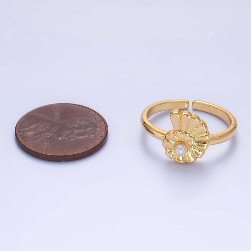 24K Gold Filled Clam Shell Pearl Adjustable Ring in Gold & Silver | U421