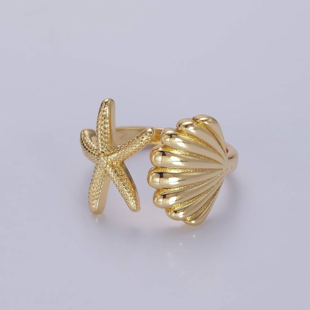 14K Gold Filled Ocean Starfish Clam Sea Shell Open Wrap Ring in Gold & Silver | O333