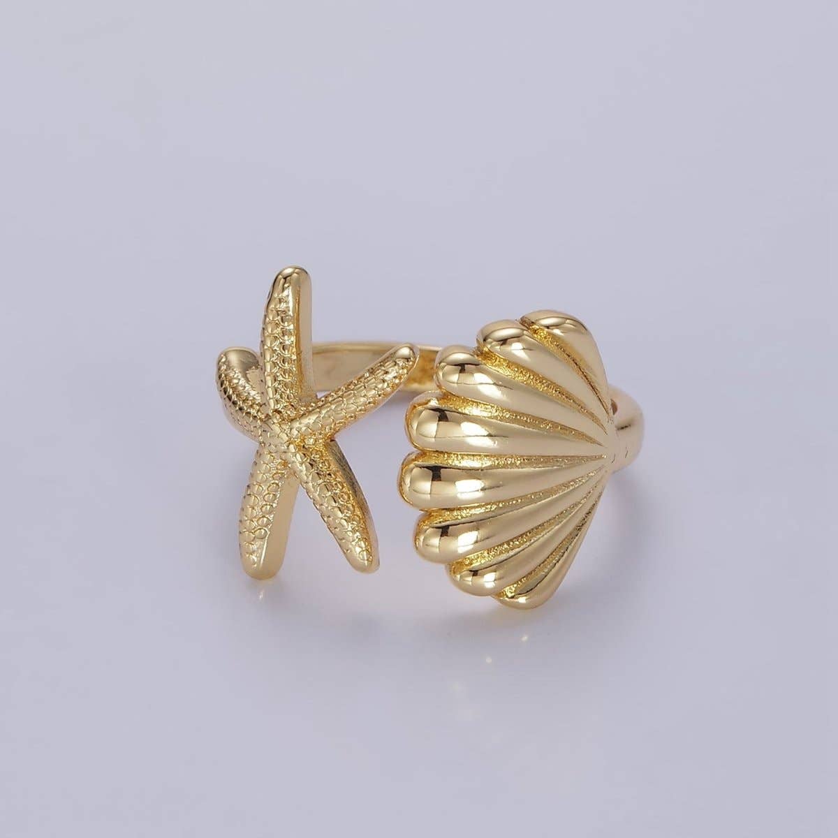 14K Gold Filled Ocean Starfish Clam Sea Shell Open Wrap Ring in Gold & Silver | O333