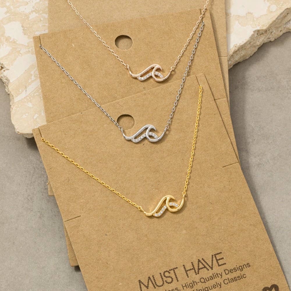 Gold Dipped Cz Pave Wave Pendant Necklace